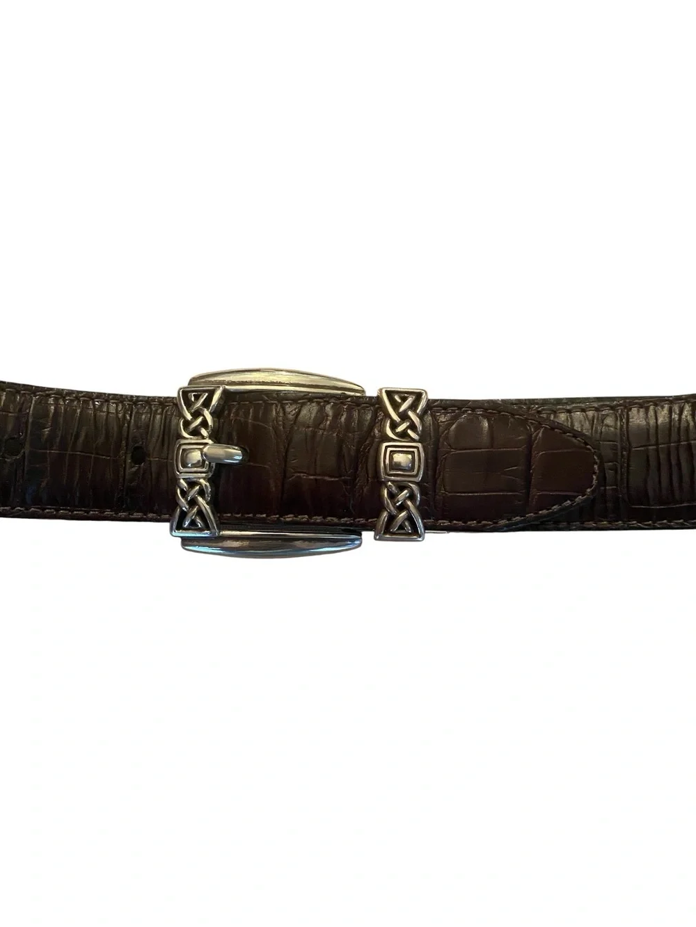 Brighton Dark Brown Croc Embossed Leather Belt with Decorative Silver Buckle